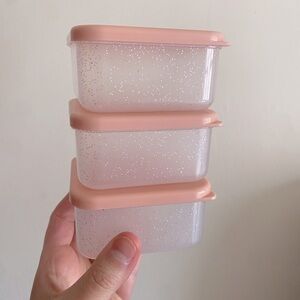 Set of Three Small Pink Glittery Snack Tupperware Containers